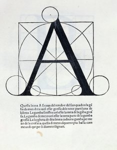 Res 4720文字「A」、Luca Pacioli（1445-1517）による「De Divina Proportione」のイラスト、1509（リトグラフ） 作： Leonardo da Vinci